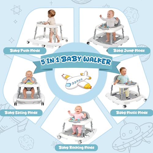 Tickeagle 5-in-1 Baby Walker for Boys and Girls Music and Lights 6-18 Month, Foldable Baby Walkers with 5 Adjustable Heights, Infant Toddler Walker with Wheels and Bouncer Combo Portable (White)