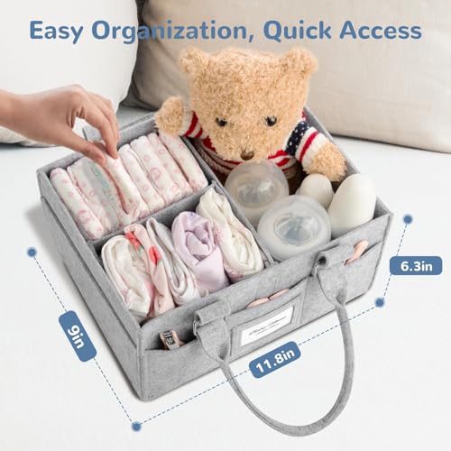 PaoveFor Diaper Caddy Organizer, Newborn Essetials Must Haves, Baby Registry Search and Other Baby Stuff, Collapsible Baby Basket with Handle and a Photo Frame, Grey, 11.8 x 6.3 x 9.0 inch
