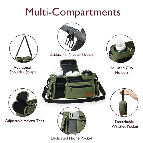 Momcozy Universal Baby Stroller Organizer, 2 Insulated Cup Holder, Detachable Zippered Pocket, Adjustable Shoulder Strap, Large capacity for baby essentials, Compact Design Fits Any Strollers