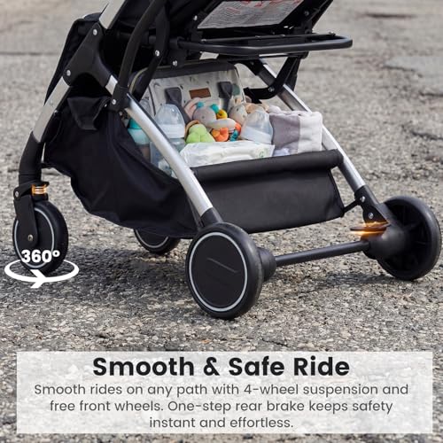 INFANS Travel Stroller, Lightweight Compact Baby Stroller for Airplane with One-Hand Fold, Multi-Position Recline, Canopy, 4 Wheel Suspension, Storage Basket (Black+Silver)