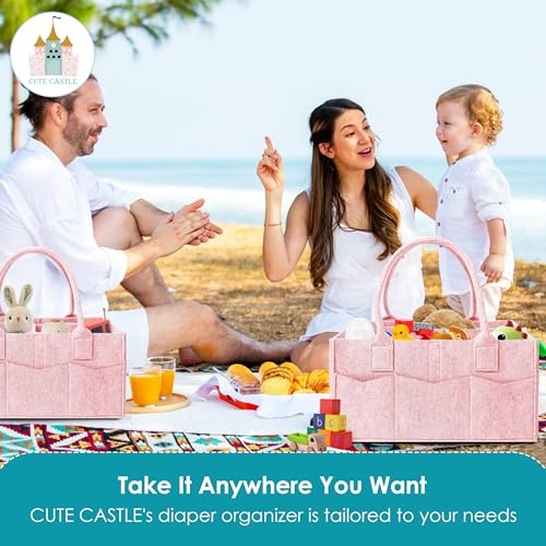 Cute Castle 2 Pack Diaper Caddy Organizer - Portable Baby Caddy Organizer with Handle, Nursery Storage Bin and Car Organizer for Girls, Boys - Baby Gift Basket - Pink