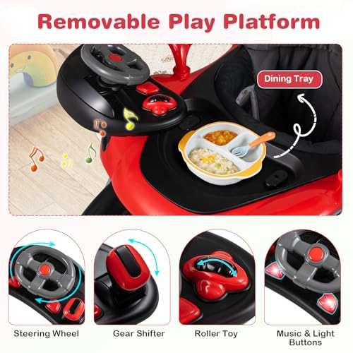 BABY JOY 7-in-1 Baby Walker, Foldable Baby Walker and Bouncer Combo with Handle, Adjustable Height & Speed, Music, Lights, Rocker/Push Mode, Baby Walker with Wheels for Boys Girls 7-18 Months (Red)