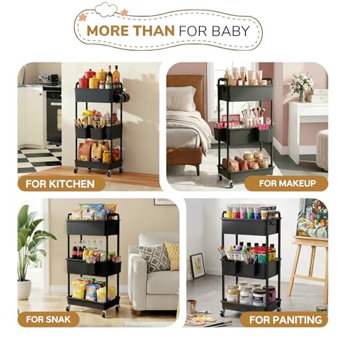 Goovilla Diaper Cart with Lockable Wheels and Easy Assembly, 3 Tier Black Rolling Cart for Baby Nursery Storage, Sturdy Ample Diaper Caddy Organizer for Baby Girl, Boy, New Mom, Newborn Essentials