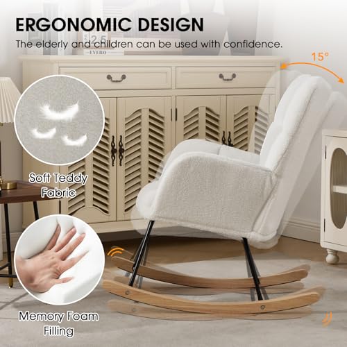Wryxplor Nursery Rocking Chair, Teddy Upholstered Glider Chair with Thick Cushion, Tufted Gliding Rocker Chair with Wood Leg, Cozy Rocking Armchair, Accent Rocking Chair for Living Room (Ivory)