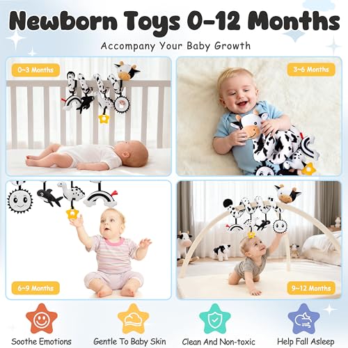 Spiral Car Seat Baby Toys 0-6 Months, Infant Carseat High Contrast Sensory Toys Hanging Stroller Accessories, Newborn Shower Gifts for Baby Boys Essentials Stuff, Cute Black and White Cow