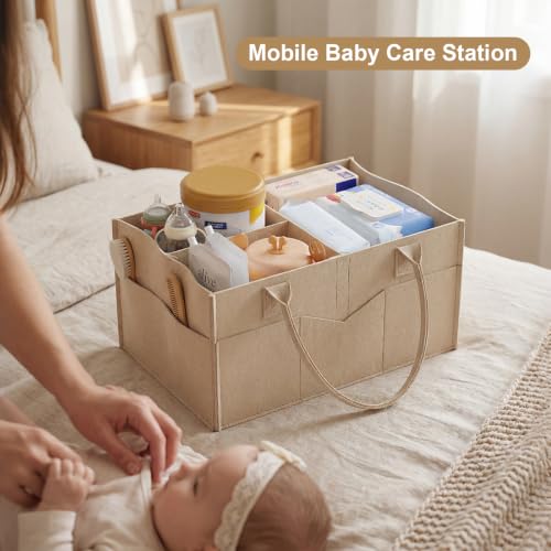 Baby Diaper Caddy Organizer Cart with Detachable Dividers, 3 Tier Metal Bedside Storage Rolling Cart with Wheels for Nursery, Postpartum Cart and Organizers for Newborn Essentials & Supplies (Oatmeal)