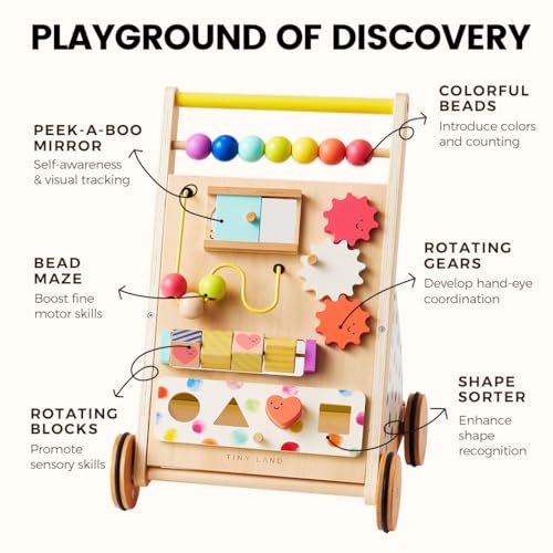 Tiny Land Wooden Baby Walker with Adjustable Speed, Montessori Activity Push Walker Toy for Toddlers, Colorful Learning Walker for Boys & Girls (Rainbow)