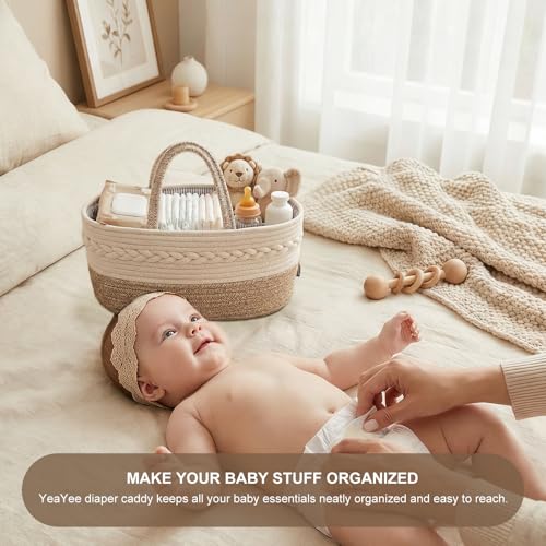 YeaYee Baby Diaper Caddy Organizer, Portable Nursery Storage Basket with Changeable Compartments, 100% Cotton Woven Rope Baskets, Car & Changing Table Tote, Newborn Gift