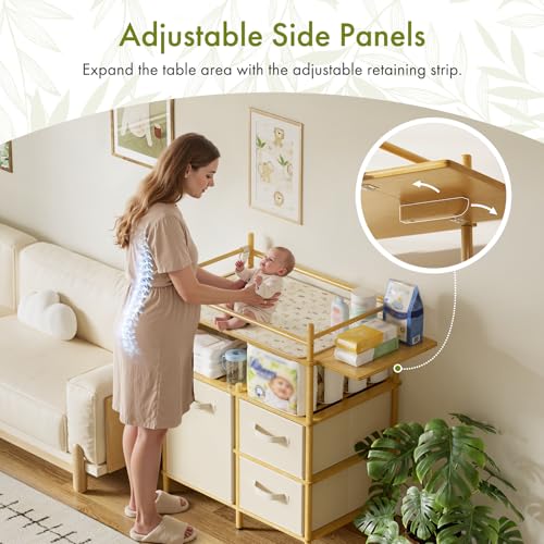 Amazer Baby Changing Table, Bamboo Baby Dresser Table with Flat Top, Diaper Changing Station with 3 Removable Storage Drawers, Large Storage Nursery Organizer Shelves with Pad, Mesh Pocket