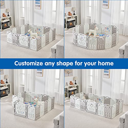 Albott Baby Fence Kid Playpen 18 Panel Albott Play Yard - Foldable Kids Safety Activity Center Playard Safety Lock Gate,Adjustable Shape, Portable Design for Indoor and Outdoor (18 Panel, Grey+White)