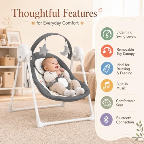 Baby Swing SpaceSaver Ultra-Compact Foldable Infant Swing (Fits in 5.3" Gaps!) 6 Speed Modes | Portable Newborn Swing for Travel/Car/Picnic (0-6M, 6-20lbs)