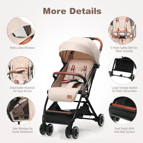 BABY JOY Lightweight Baby Stroller, Compact Toddler Travel Stroller for Airplane, Infant Stroller w/ 5-Point Harness, Adjustable Backrest/Footrest/Canopy, Storage Basket, Easy One-Hand Fold, Beige