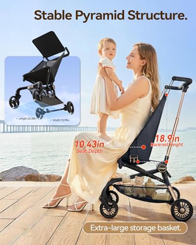 Oneye Travel Stroller for Airplane, Ultra Lightweight Baby Stroller for Toddlers with Canopy, Foldable & Compact Strollers with Jumbo Seat & Large Storage Basket,10.19lb,Stable & One-Hand Fold, Black