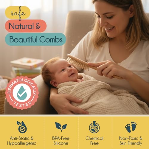 Little Tinkers World Baby Hair Brush and Comb Set 4-Piece Natural Wooden Set with Soft Goat Bristle Brush, Cradle Cap Brush & Comb Newborn Baby Registry Gift for Boys and Girls