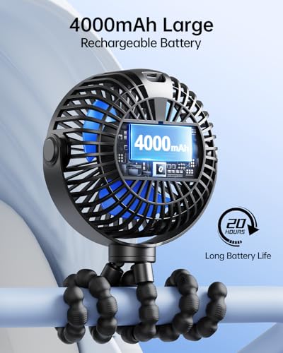 SWEETFULL Portable Stroller Fan with LED Display, 4 Speed Rechargeable Mini Clip On Fan, 360° Rotate Flexible Tripod Better Cooling Small Baby Fan for Car Seat Crib Travel Bike Treadmill (Black)