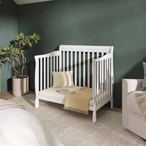 Dream On Me Aden 4-in-1 Convertible Mini Baby Crib, GREENGUARD Gold & BSA Certified, Sustainable Pinewood, Non-Toxic Finish, 3 Mattress Heights, Converts to Mini Day & Twin-Size Bed - White