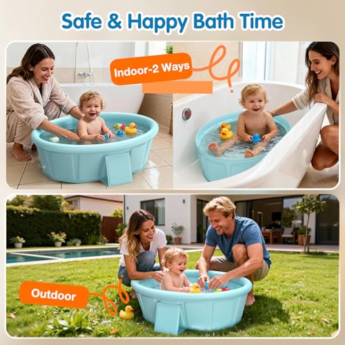 Baby Bathtub with Inflatable Top Edge, Extra Stable Infant Bath Tub, Collapsible & Portable for Baby Bath Time, No Tilt Design for 12M-6Y Toddler, No Assembly for Travel Shower