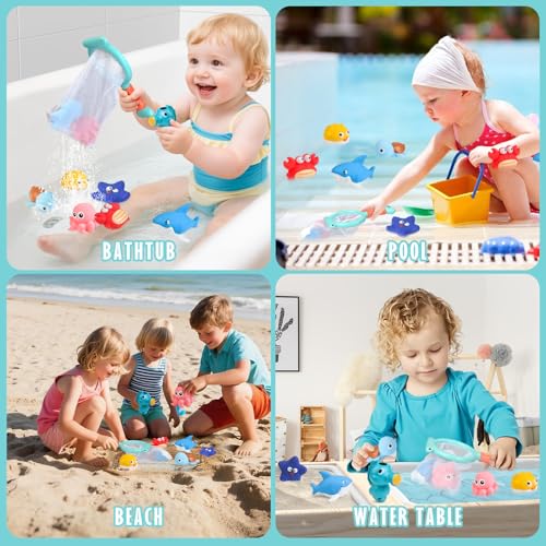 Mold Free Bath Toys for Toddlers 1-3, No Hole Ocean Animal Bathtub and Pool Toys with Mesh Organizer, Sensory Water Toys for Babies 6-12 Months, 9 Pack