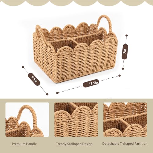 wwmayfeel Diaper Caddy Organizer, Paper Rope Storage Baskets Nursery Bin with Removable Divider, Woven Scalloped Portable Car Organizer for Diapers, Baby Shower Gifts, Newborn Essentials Must Haves