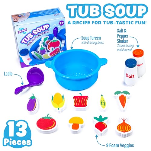 Tub Works® Tub Soup™ Scoop, Strain & Play Toddler Bath Toy | Floating Foam Veggies, Ladle for Scooping & Soup Pot for Straining | Pretend Play Cooking Kids Bath Toys | Creative Bathtub Toys