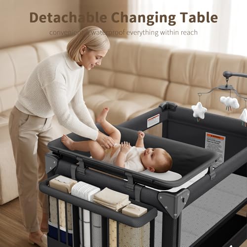 GAIVE 4 in 1 Baby Bassinet, One-Push Setup Pack and Play, Bedside Crib Sleeper with 3 Height Adjustable，Diaper Changer, Come with Comfy Mattress, Rotating Toy Bar, from Infants to Toddlers (Black)