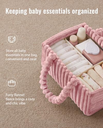 Blissful Diary Flannel Diaper Caddy Organizer, included Gift Packaging, Cozy Nursery Storage Basket, Gift for Baby Shower, Newborn Essentials, Blush Pink