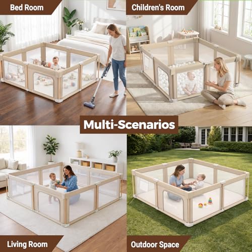 Foldable Baby Playpen with Mat, Foldable Baby Fence Play Yards for Babies and Toddlers, Play Pen with Breathable Mesh and Anti-Fall Pads (71"×59")