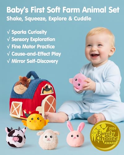 hahaland Baby Toys 6-12 Months - Surprise Barn Stuffed Farm Animals, Rattle, Crinkle, Mirror, Montessori Toys for 6 Month Old Sensory Balls 1-3, Baby Boy Gifts, Farm Plush Toys for Babies Travel Toy