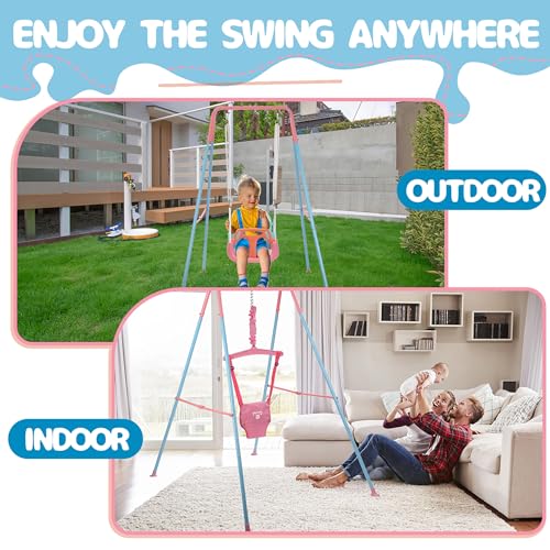 2 in 1 Toddler Swing ＆ Jumper, Swing Set for Indoor/Outdoor, Baby Jumpers and Bouncers, Easy to Assemble & Store, Suitable for Children 6 Months and Older (Pink)