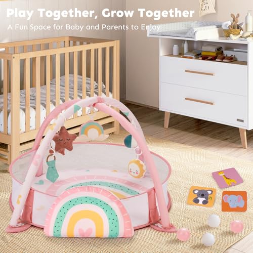 7-in-1 XL Large Baby Play Gym Mat, Tummy Time Mat, Baby Gym & Ball Pit, Baby Activity Mat with Milestone Cards & 6 Detachable Toys for Sensory Motor Skill, Rainbow