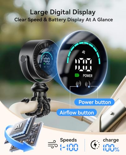 KIMMOO Portable Baby Stroller Fan, 360° Adjustable Quiet Rechargeable USB Fan with LED Display, 100 Speeds Safe Clip Fan for Stroller, Powerful Cooling Fan for Golf Car Seat Treadmill Travel, Black