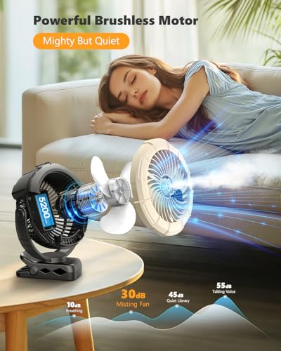 Ausic Portable Clip on Misting Fan, [5-45Hrs] Golf Cart Spray Fan, 720° Rotate Baby Stroller Fan, Outdoor Camping Fan with LED, Rechargeable Battery Operated RV Travel Cruise Fan, Golf Accessories