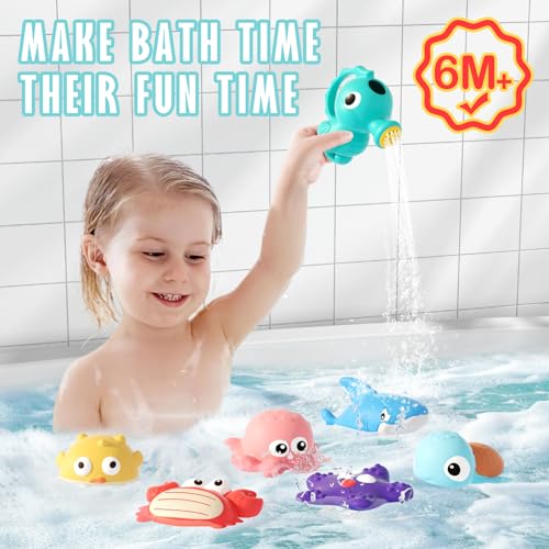 Mold Free Bath Toys for Toddlers 1-3, No Hole Ocean Animal Bathtub and Pool Toys with Mesh Organizer, Sensory Water Toys for Babies 6-12 Months, 9 Pack