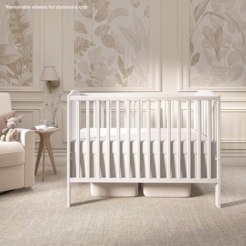 Dream On Me Folding Full Size Convenience Baby Crib with Durable Metal Wheels, Portable Space-Saving Design, 2 Adjustable Heights, Easy Fold Flat Storage, GREENGUARD Gold & BSA Certified, White
