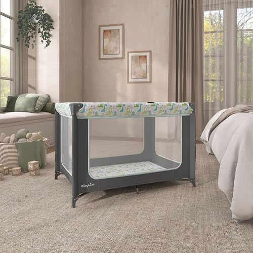 Dream On Me Zodiak Baby Playard, Breathable Mesh Sides, Soft Comfortable Mattress, Quick & Easy to Fold with Travel Carry Bag, Compact Space Saving Design - Grey/Green