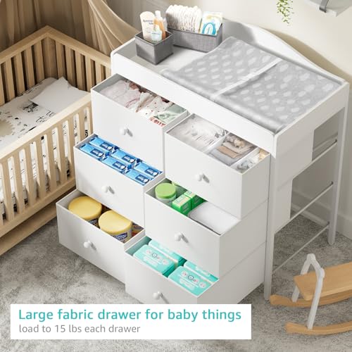 BOLUO White Changing Table Dresser with 6 Drawers Baby Dresser with Changing Table Top Diaper Changing Station with Storage for Nursery Modern