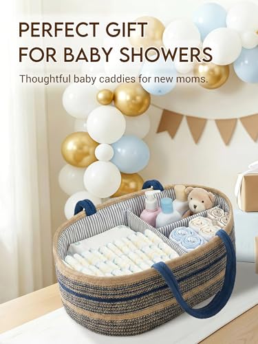 ZOES HOMEWARE Sapphire Blue Diaper Caddy Organizer, Jute Woven Baby Basket, Baby Caddy Nursery Storage Organizer, Shower Gifts for Newborn, Hand Woven Crafted (Brown&Blue),14.2"x 8.7"x7.1”