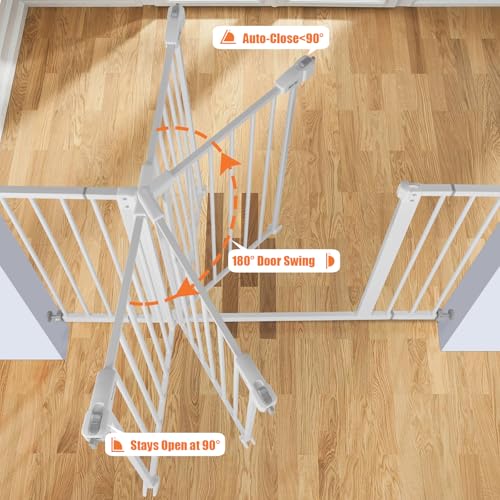 keny 29"-42.5" Baby Gate for Stairs, Auto Close Safety Dog Gate, Pressure Mounted Easy Walk Through Pet Gate for Doorways, Durable Stair Gate, 30" Tall, White