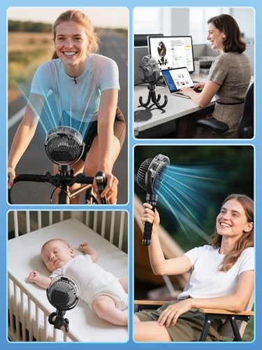 Wavmill Misting Stroller Fan, 6000mAh Battery Operated Portable Fan with Light & 360° Pivoting, Personal Fans with Flexible Tripod for Baby, Office, Travel,Treadmill,Outdoors