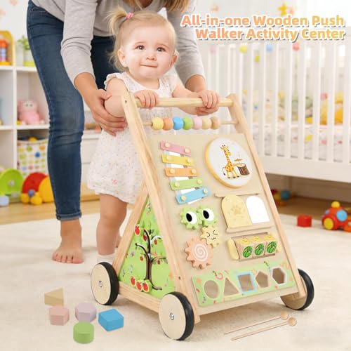 Wooden Baby Walker with Wheels Baby Push Walker for Boys Girls 6-12 Months Wooden Walker Activity Center Walking Toys for 1 Year Old Learning to Walk Sit to Stand Walker for Baby 12-18 Months Push Toy