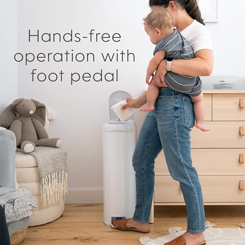 Diaper Genie Platinum Pail (Lily White) is Made in Durable Stainless Steel and Includes 1 Easy Roll Refill with 18 Bags That can Last up to 5 Months.