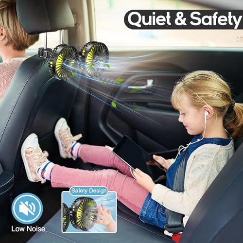 Dealswin Car Fan for Backseat kids, Dual Head USB Car Seat Fans, 360° Rotatable Strong Wind Rear Headrest CarFan for Baby, Air Circulation Fan with Adjustable Clip for Vehicles SUV RV