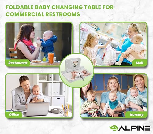 Alpine Wall Mounted Baby Changing Station - Horizontal Baby Changing Table Foldable Diaper Tables with Safety Strap for Commercial Bathroom, ADA Complaint (Hardware Included) White Gray