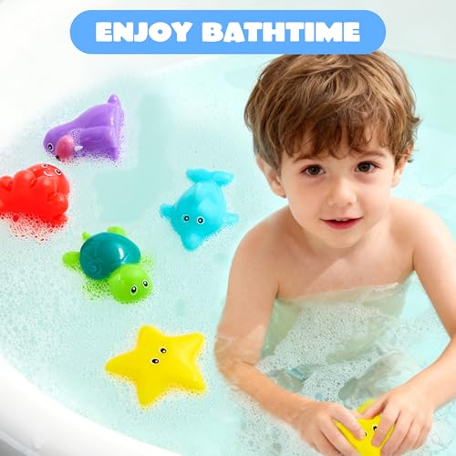 JOYIN 6 Pcs Sea Animal Bath Toys, Sealed & No-Hole & Mold Free Bathtub Toys for Kids, Non-Toxic & Soft Water Vehicles Toys, Squeezable & Float on Water, Bath & Pool Play for Boys and Girls