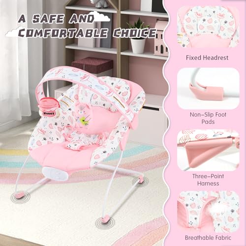 Portable Baby Bouncer Seat with 8 Melodies, 3 Vibration Levels & Adjustable Volume, Foldable Infant Bouncer Rocker with Safety Harness for Baby 0-6 Months, Indoor & Outdoor Use BR2402
