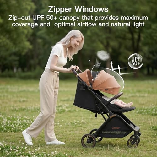 Gromast Gravity Folding Baby Stroller - Portable Travel Toddler Stroller w/Adjustable Backrest, Canopy & Cup Holder, Lightweight and UV Protected, One-Hand Automatic Folding - Khaki