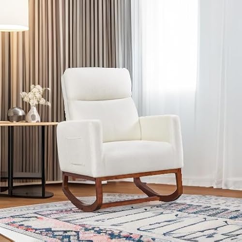 Yaheetech Upholstered Rocking Chair, Boucle Glider Chair Nursery Chair with High Back and Side Pocket, Rocking Accent Armchair with Rubber Wood Legs for Living Room/Bedroom/Nursery, Ivory