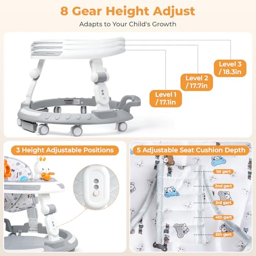 Baby Walker with Wheels - Foldable Baby Walker,4-in-1 Baby Walkers for Boys and Girls 6-12 Months, Infant Walker with Adjustable Height, Baby Activity Walker with Toys, Music, Lights, Anti-Rollover