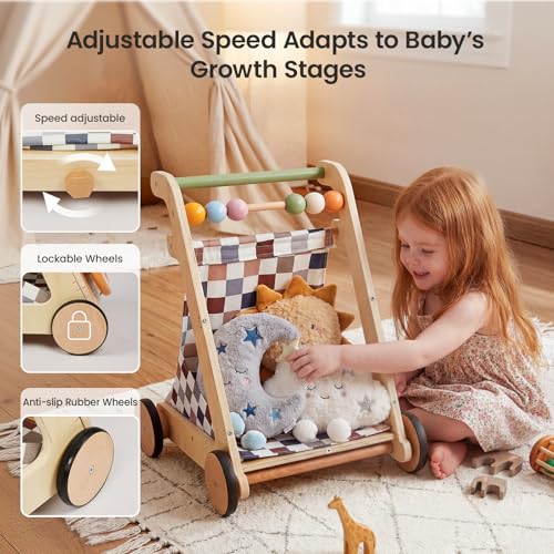 GROWNSY Wooden Baby Walker with Wheels, 3-in-1 Sit-to-Stand Baby Walker with Adjustable Speed, Montessori Push Walker with 7-in-1 Removable Activity Panel, First Birthday Gifts for Boys & Girls