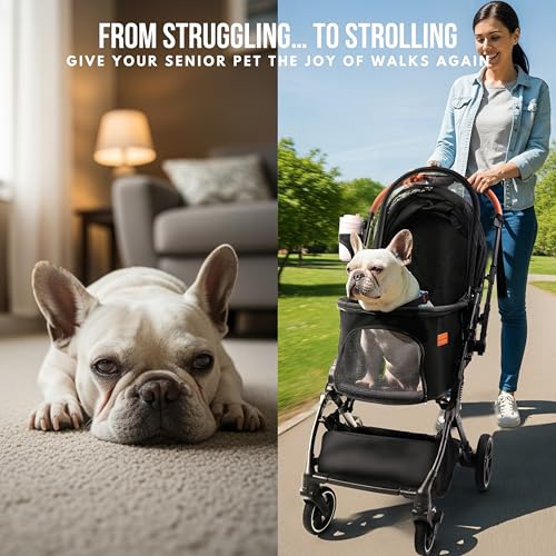 Bicystar Pet Stroller for Small Medium Dogs Cats Up to 45 lbs, Travel Lite Collapsible, All Terrain 4 Wheels for Jogging, Running, Grey